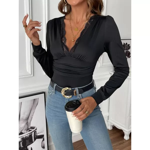 SweatyRocks Women's Deep V Neck Long Sleeve Slim Fit Ruched Blouse Bodysuit Jumpsuit