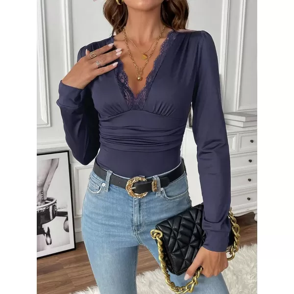 SweatyRocks Women's Deep V Neck Long Sleeve Slim Fit Ruched Blouse Bodysuit Jumpsuit