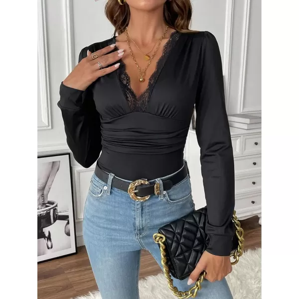 SweatyRocks Women's Deep V Neck Long Sleeve Slim Fit Ruched Blouse Bodysuit Jumpsuit