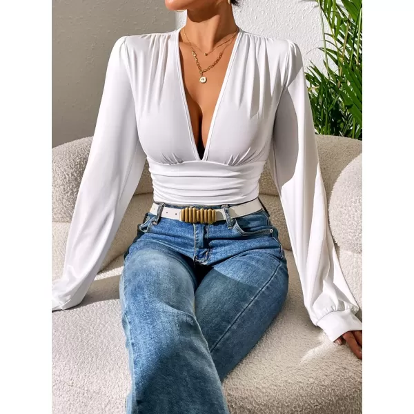 SweatyRocks Women's Deep V Neck Long Sleeve Slim Fit Ruched Blouse Bodysuit Jumpsuit