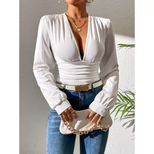 SweatyRocks Women's Deep V Neck Long Sleeve Slim Fit Ruched Blouse Bodysuit Jumpsuit