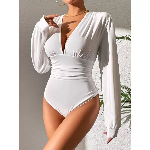 SweatyRocks Women's Deep V Neck Long Sleeve Slim Fit Ruched Blouse Bodysuit Jumpsuit
