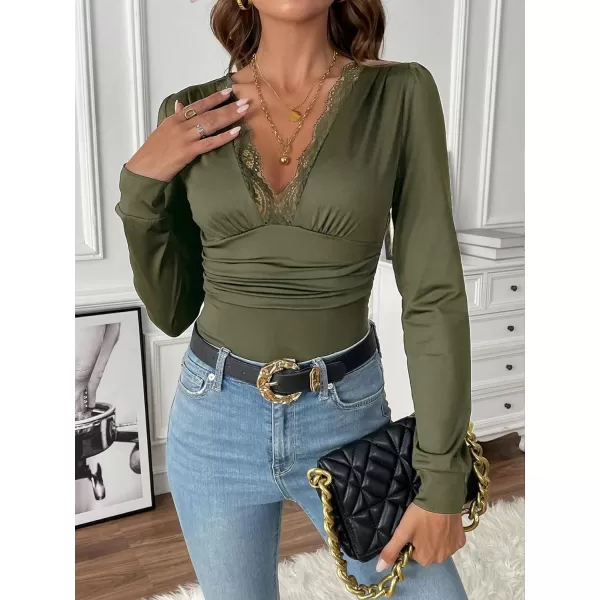 SweatyRocks Women's Deep V Neck Long Sleeve Slim Fit Ruched Blouse Bodysuit Jumpsuit