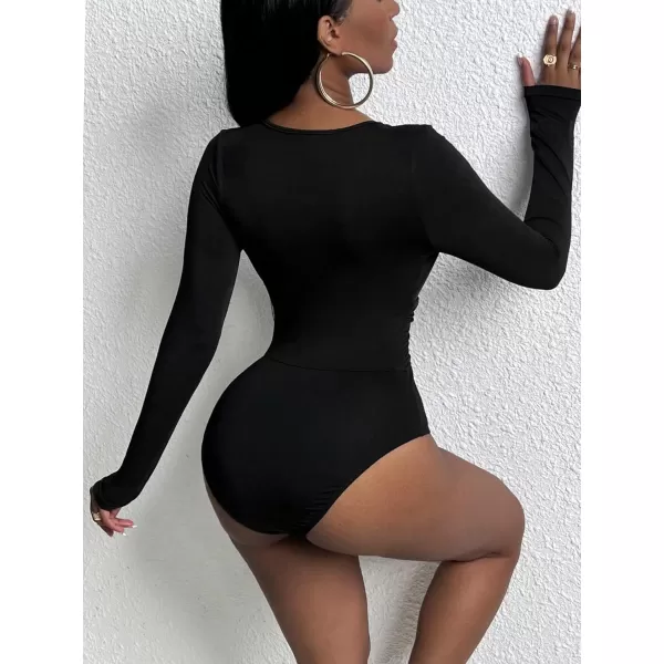 SweatyRocks Women's Deep V Neck Long Sleeve Slim Fit Ruched Blouse Bodysuit Jumpsuit