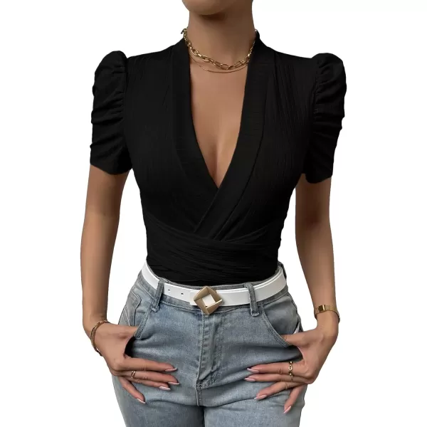 SweatyRocks Women's Deep V Neck Short Puff Sleeve Cross Wrap Slim Fit Bodysuit Tee Top