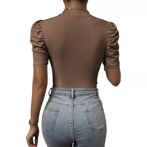SweatyRocks Women's Deep V Neck Short Puff Sleeve Cross Wrap Slim Fit Bodysuit Tee Top