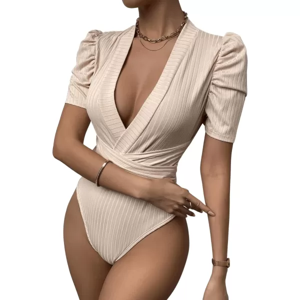 SweatyRocks Women's Deep V Neck Short Puff Sleeve Cross Wrap Slim Fit Bodysuit Tee Top