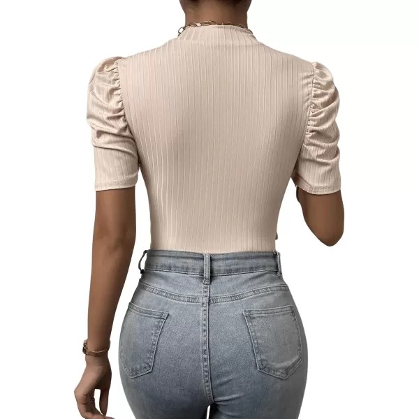 SweatyRocks Women's Deep V Neck Short Puff Sleeve Cross Wrap Slim Fit Bodysuit Tee Top
