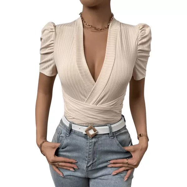 SweatyRocks Women's Deep V Neck Short Puff Sleeve Cross Wrap Slim Fit Bodysuit Tee Top