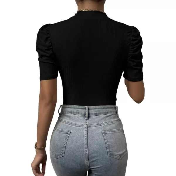 SweatyRocks Women's Deep V Neck Short Puff Sleeve Cross Wrap Slim Fit Bodysuit Tee Top