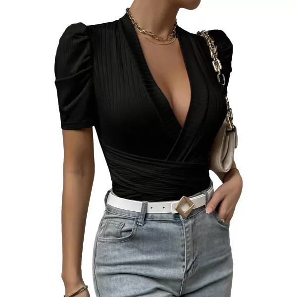 SweatyRocks Women's Deep V Neck Short Puff Sleeve Cross Wrap Slim Fit Bodysuit Tee Top