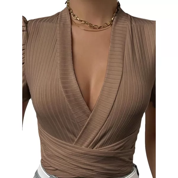 SweatyRocks Women's Deep V Neck Short Puff Sleeve Cross Wrap Slim Fit Bodysuit Tee Top