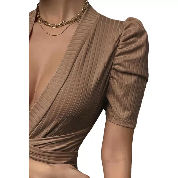 SweatyRocks Women's Deep V Neck Short Puff Sleeve Cross Wrap Slim Fit Bodysuit Tee Top