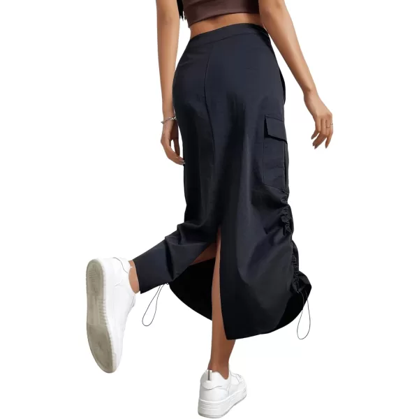 SweatyRocks Women's Drawstring Elastic Waist Cargo Skirt Split Back Straight Long Skirts with Pocket