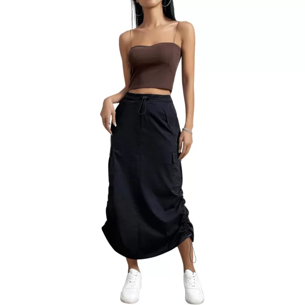 SweatyRocks Women's Drawstring Elastic Waist Cargo Skirt Split Back Straight Long Skirts with Pocket