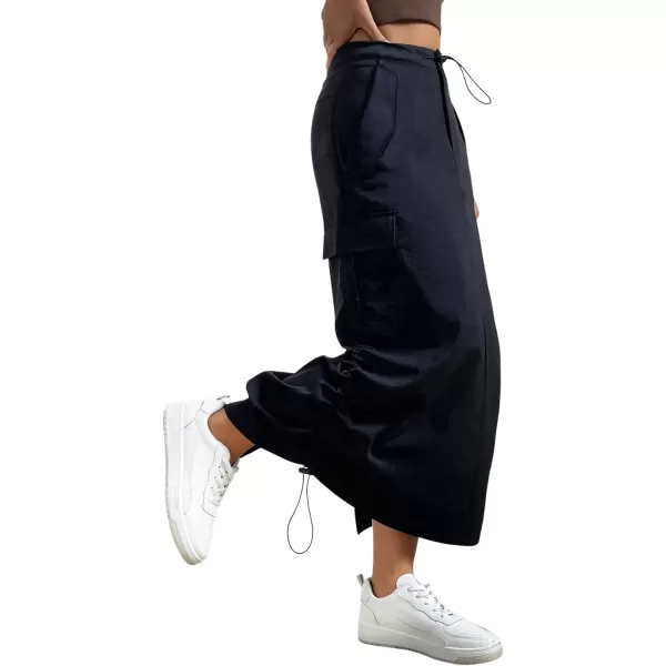 SweatyRocks Women's Drawstring Elastic Waist Cargo Skirt Split Back Straight Long Skirts with Pocket