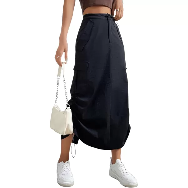 SweatyRocks Women's Drawstring Elastic Waist Cargo Skirt Split Back Straight Long Skirts with Pocket