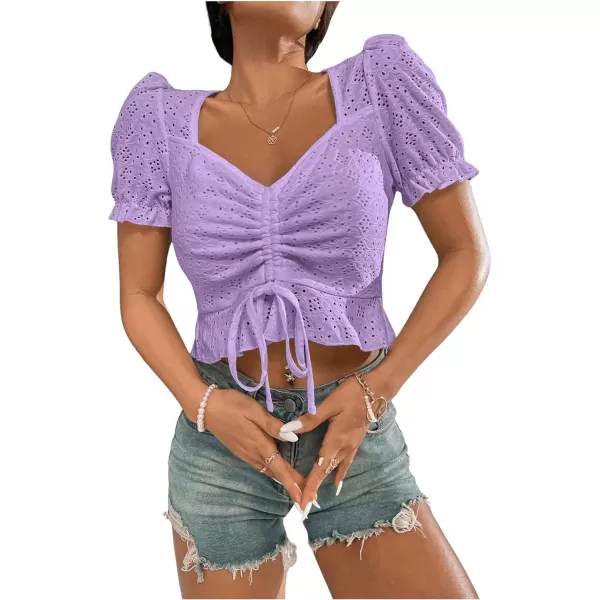 SweatyRocks Women's Drawstring Ruched Eyelet Embroidery T Shirt Short Puff Sleeve Sweetheart Neck Elegant Crop Tops