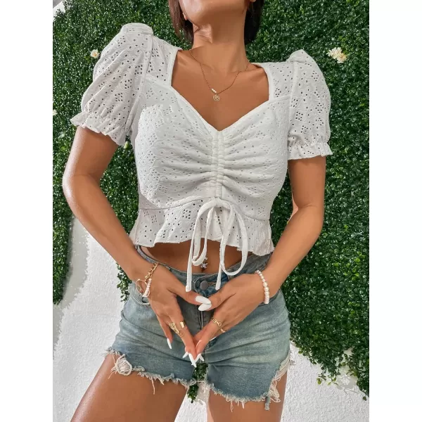 SweatyRocks Women's Drawstring Ruched Eyelet Embroidery T Shirt Short Puff Sleeve Sweetheart Neck Elegant Crop Tops