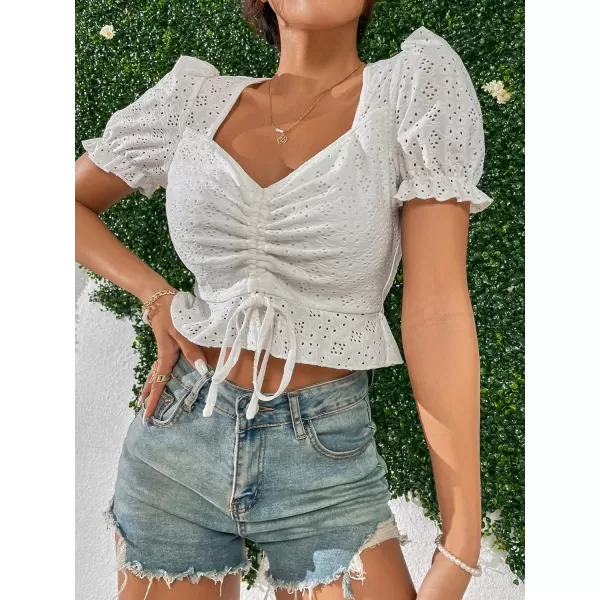 SweatyRocks Women's Drawstring Ruched Eyelet Embroidery T Shirt Short Puff Sleeve Sweetheart Neck Elegant Crop Tops