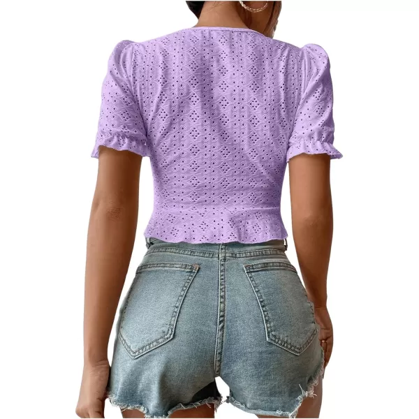 SweatyRocks Women's Drawstring Ruched Eyelet Embroidery T Shirt Short Puff Sleeve Sweetheart Neck Elegant Crop Tops