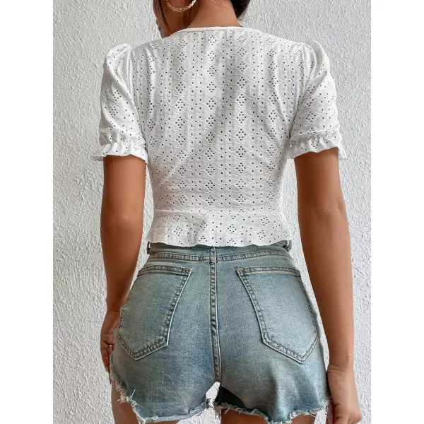 SweatyRocks Women's Drawstring Ruched Eyelet Embroidery T Shirt Short Puff Sleeve Sweetheart Neck Elegant Crop Tops