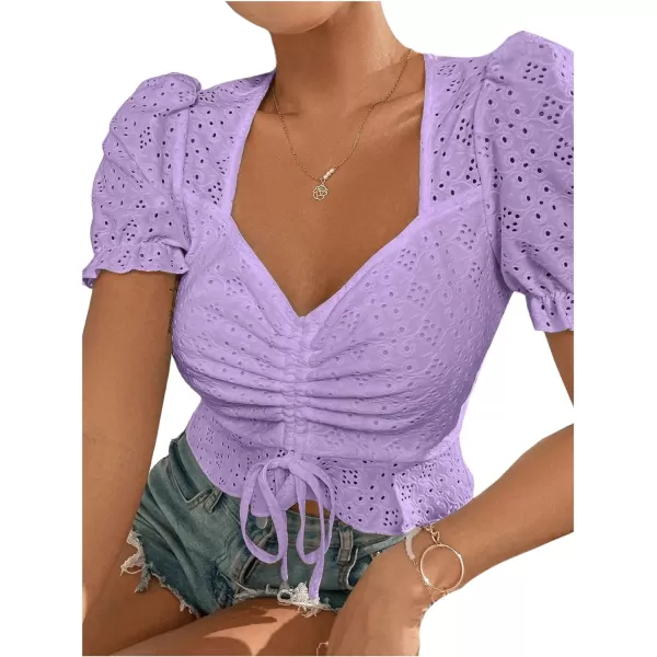 SweatyRocks Women's Drawstring Ruched Eyelet Embroidery T Shirt Short Puff Sleeve Sweetheart Neck Elegant Crop Tops