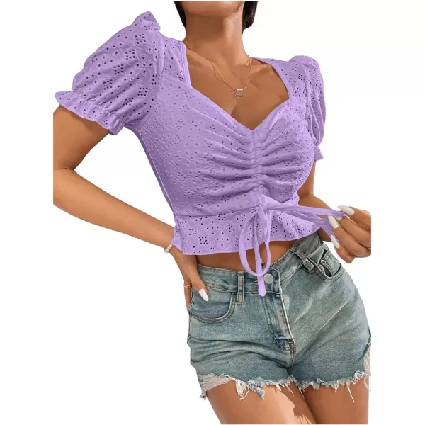 SweatyRocks Women's Drawstring Ruched Eyelet Embroidery T Shirt Short Puff Sleeve Sweetheart Neck Elegant Crop Tops
