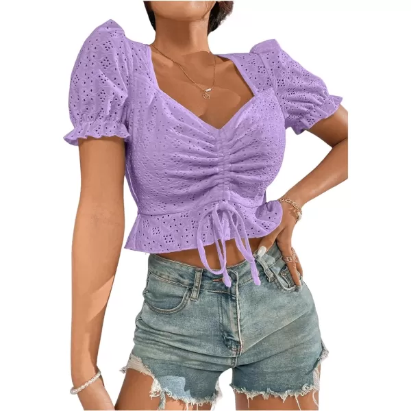SweatyRocks Women's Drawstring Ruched Eyelet Embroidery T Shirt Short Puff Sleeve Sweetheart Neck Elegant Crop Tops