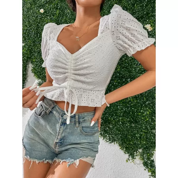 SweatyRocks Women's Drawstring Ruched Eyelet Embroidery T Shirt Short Puff Sleeve Sweetheart Neck Elegant Crop Tops