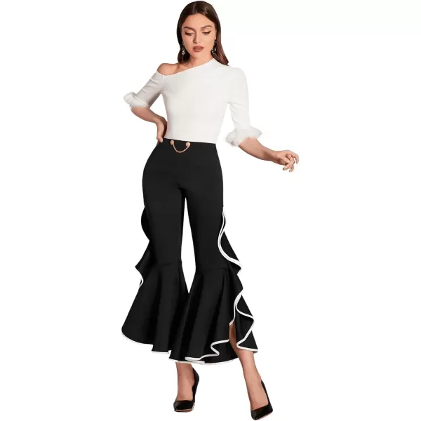 SweatyRocks Women's Elastic Waist Layered Ruffle Flare Bell Cropped Pant