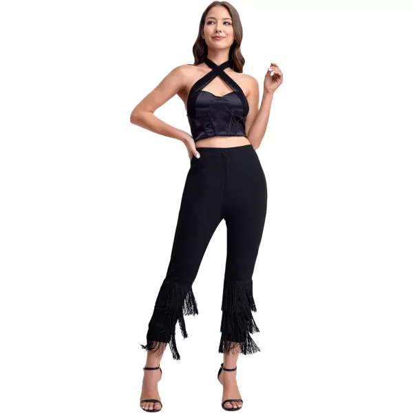 SweatyRocks Women's Elastic Waist Layered Ruffle Flare Bell Cropped Pant