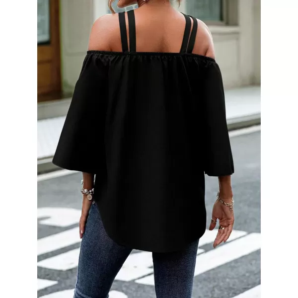 SweatyRocks Women's Elegant Cold Shoulder 3/4 Sleeve Blouse Cut Out V Neck Loose Fit Shirt Tops