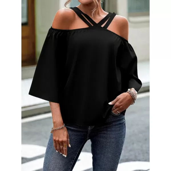 SweatyRocks Women's Elegant Cold Shoulder 3/4 Sleeve Blouse Cut Out V Neck Loose Fit Shirt Tops