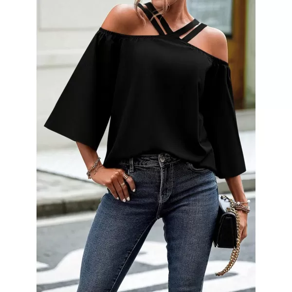 SweatyRocks Women's Elegant Cold Shoulder 3/4 Sleeve Blouse Cut Out V Neck Loose Fit Shirt Tops