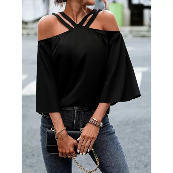 SweatyRocks Women's Elegant Cold Shoulder 3/4 Sleeve Blouse Cut Out V Neck Loose Fit Shirt Tops