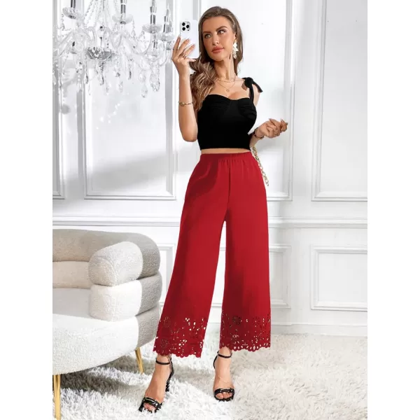 SweatyRocks Women's Elegant Elastic Waist Wide Leg Pants Cut Out Scallop Leg Pants