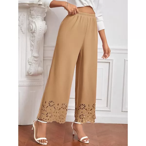 SweatyRocks Women's Elegant Elastic Waist Wide Leg Pants Cut Out Scallop Leg Pants