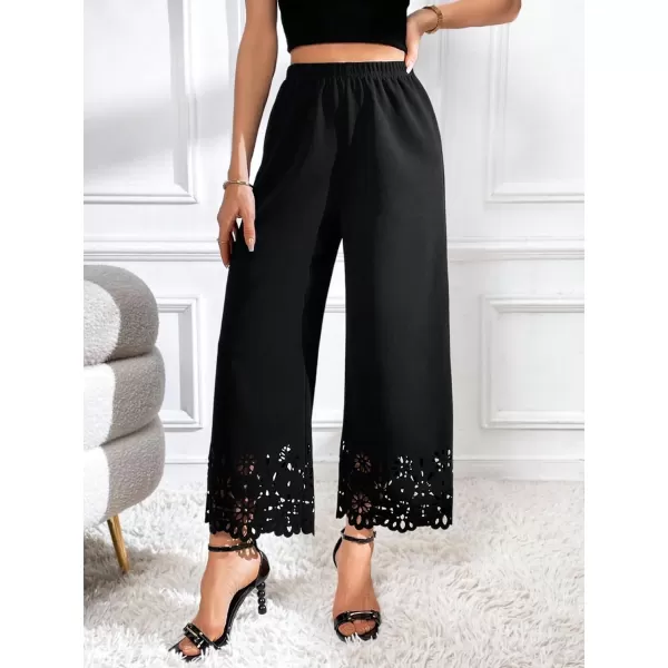 SweatyRocks Women's Elegant Elastic Waist Wide Leg Pants Cut Out Scallop Leg Pants