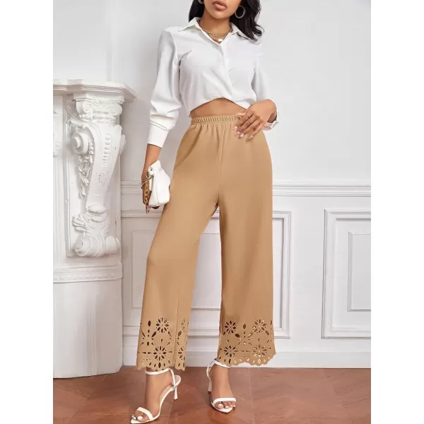 SweatyRocks Women's Elegant Elastic Waist Wide Leg Pants Cut Out Scallop Leg Pants