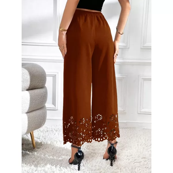 SweatyRocks Women's Elegant Elastic Waist Wide Leg Pants Cut Out Scallop Leg Pants