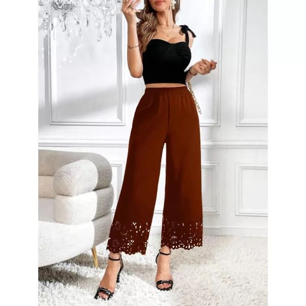 SweatyRocks Women's Elegant Elastic Waist Wide Leg Pants Cut Out Scallop Leg Pants