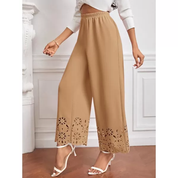 SweatyRocks Women's Elegant Elastic Waist Wide Leg Pants Cut Out Scallop Leg Pants