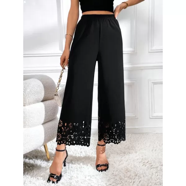 SweatyRocks Women's Elegant Elastic Waist Wide Leg Pants Cut Out Scallop Leg Pants