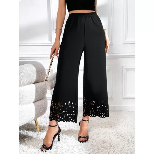 SweatyRocks Women's Elegant Elastic Waist Wide Leg Pants Cut Out Scallop Leg Pants