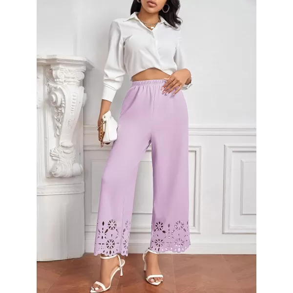 SweatyRocks Women's Elegant Elastic Waist Wide Leg Pants Cut Out Scallop Leg Pants