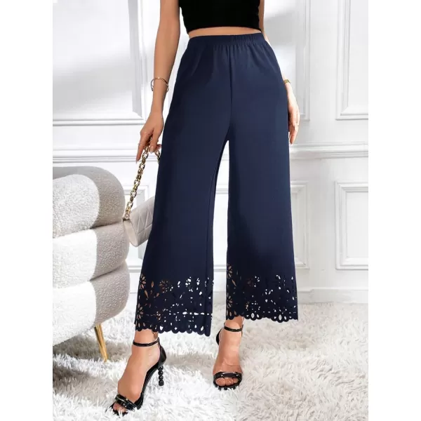 SweatyRocks Women's Elegant Elastic Waist Wide Leg Pants Cut Out Scallop Leg Pants