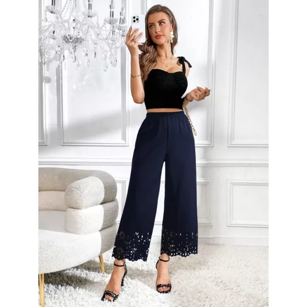 SweatyRocks Women's Elegant Elastic Waist Wide Leg Pants Cut Out Scallop Leg Pants