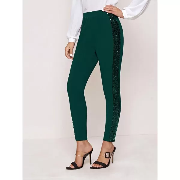 SweatyRocks Women's Elegant High Elastic Waist Sequins Pants Solid Skinny Cropped Pants