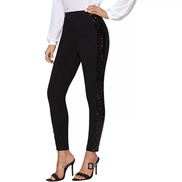 SweatyRocks Women's Elegant High Elastic Waist Sequins Pants Solid Skinny Cropped Pants